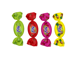 סוכריות טופי ממולאות בטעמי פירות: תפוח עץ, דובדבן, תות שדה ואננס.