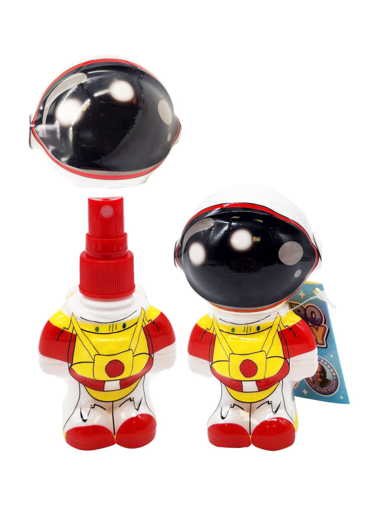 ספריי בצורת אסטרונאוט חמוץ צבעי לבן, אדום וצהוב. עם תלי המפרט את פרטי המוצר.