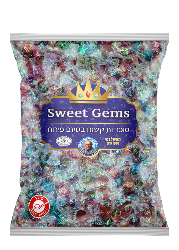 שקית סוכריות קשות בעטיפה שקופה צבעונית עם לוגו